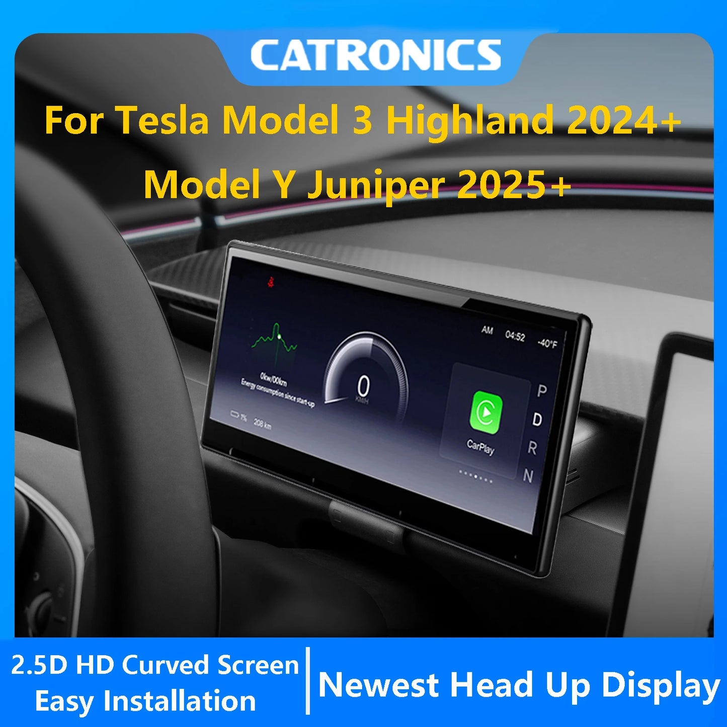CATRONICS For Tesla Model Y Juniper 2025 HUD Model 3 Highland 8.9 Inch Carplay Support Energy Consumption Driving Data Detection