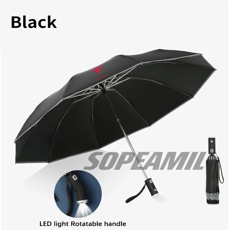 Car Led Light Automatic Folding Windproof Sunshade Umbrella For Tesla Cybertruck Beast Roadster Model 3 Model Y Model S Model X