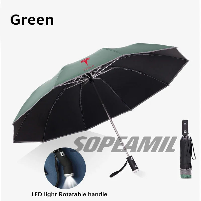 Car Led Light Automatic Folding Windproof Sunshade Umbrella For Tesla Cybertruck Beast Roadster Model 3 Model Y Model S Model X