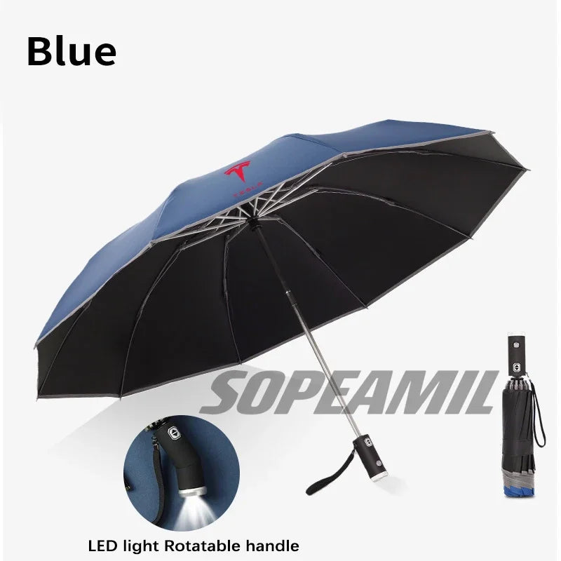 Car Led Light Automatic Folding Windproof Sunshade Umbrella For Tesla Cybertruck Beast Roadster Model 3 Model Y Model S Model X