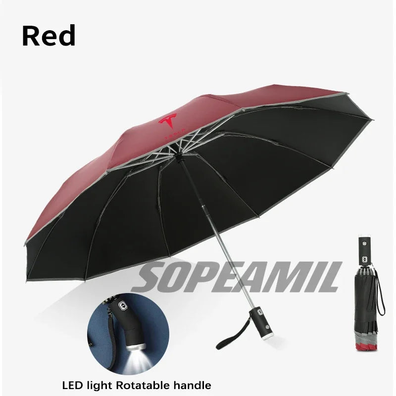Car Led Light Automatic Folding Windproof Sunshade Umbrella For Tesla Cybertruck Beast Roadster Model 3 Model Y Model S Model X
