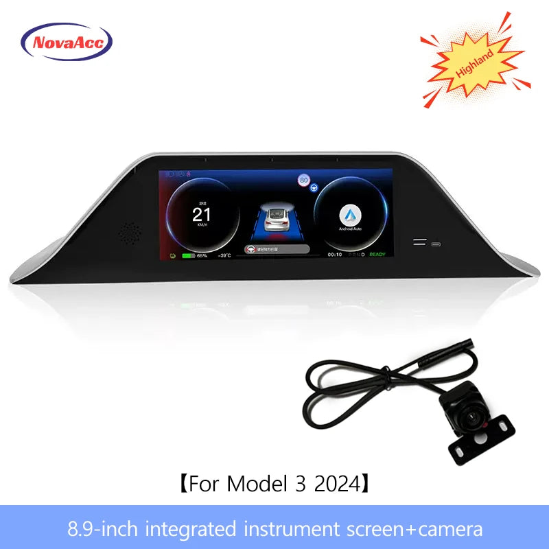 8.9inch Integrated Dashboard Display Screen Digital Instrument Cluster for Tesla Model 3 Y 2024-2021 Highland With Camera