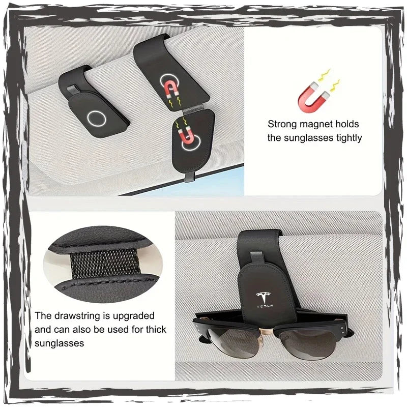 Car glasses frame magnetic PU leather fashion glasses clip   For Tesla Model S Model X Model Y Cybertruck Model 3 Model Y